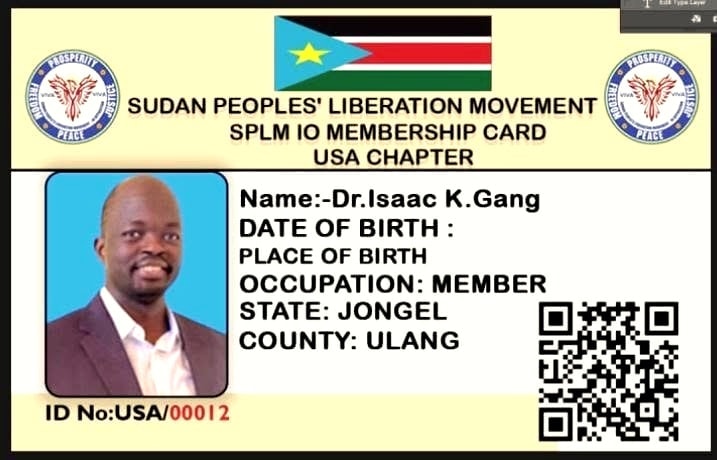 SPLM-IO Membership Card Front — Dr. Isaac K. Gang, USA Chapter, ID No: USA/00012